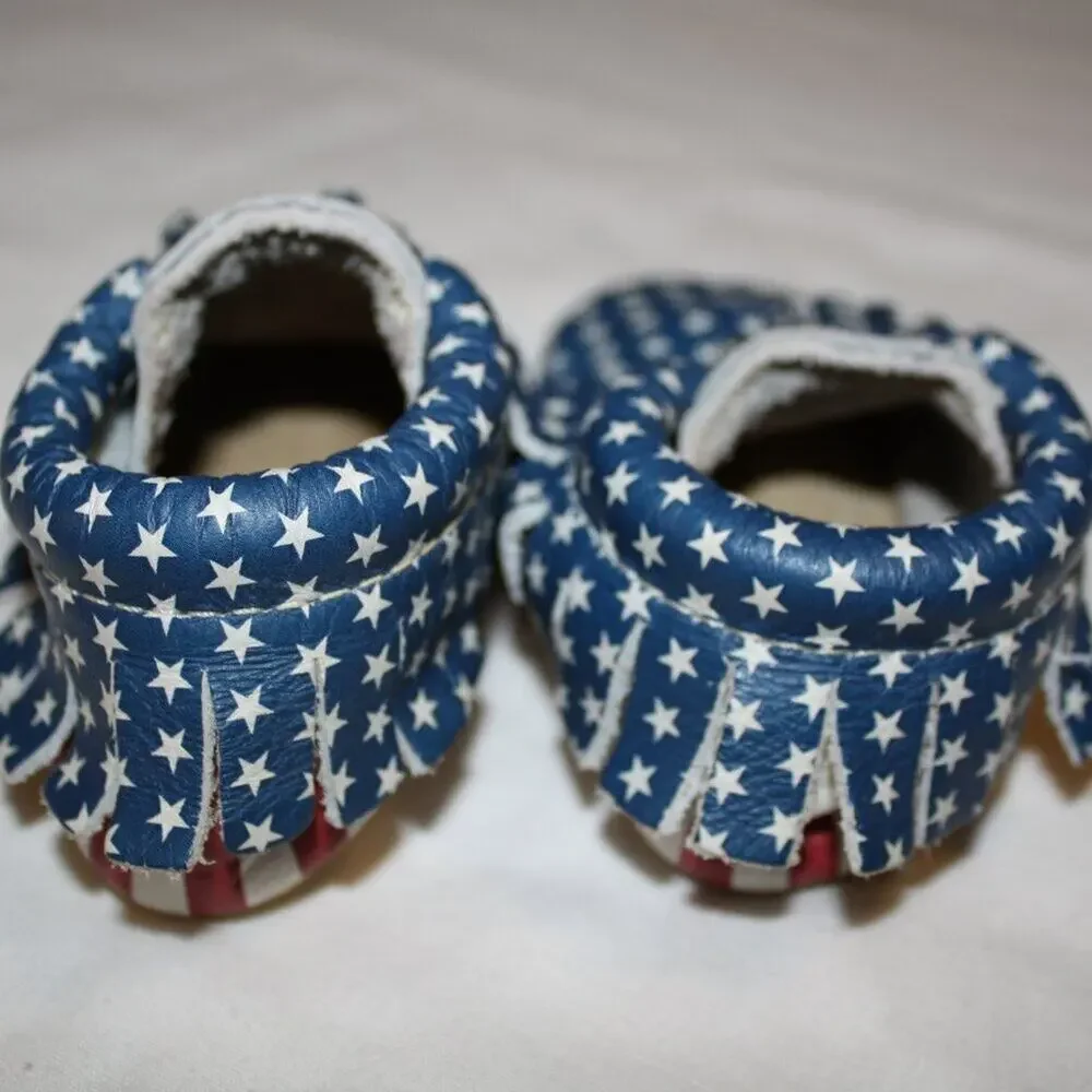 Freshly Picked Leather Moccasin Blue Star Spangled Crib Shoes Baby Girl Size 1